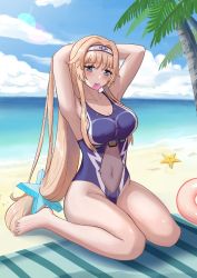 Rule 34 | 1girl, aqua eyes, armpits, arms behind head, arms up, beach, beach towel, blonde hair, blue one-piece swimsuit, blue sky, breasts, casual one-piece swimsuit, cloud, condom, condom in mouth, condom wrapper, covered navel, day, enterprise (warship girls r), hair ornament, large breasts, long hair, low-tied long hair, mouth hold, ocean, one-piece swimsuit, outdoors, palm tree, sidelocks, sitting, sky, solo, star (symbol), star hair ornament, swimsuit, towel, tree, user gztx5723, very long hair, wariza, warship girls r