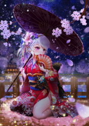 Rule 34 | 1girl, absurdres, alternate color, bad id, bad pixiv id, cherry blossoms, hand fan, female focus, flower, folding fan, full body, hair flower, hair ornament, highres, japanese clothes, kimono, long hair, lunacle, nature, oil-paper umbrella, original, outdoors, red eyes, silver hair, sky, solo, umbrella