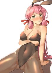 Rule 34 | 1girl, akashi (kancolle), alternate costume, animal ears, arm support, bad id, bad pixiv id, bare arms, bare shoulders, black hairband, black leotard, black pantyhose, blush, breast hold, breasts, collarbone, cowboy shot, detached collar, fake animal ears, gluteal fold, green eyes, hair ribbon, hairband, highres, kantai collection, leaning back, leotard, long hair, looking at viewer, nose blush, osananajimi neko, pantyhose, parted lips, pink hair, playboy bunny, rabbit ears, red ribbon, revision, ribbon, simple background, sitting, solo, straight hair, strapless, strapless leotard, tress ribbon, very long hair, white background