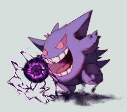 Rule 34 | :d, creatures (company), energy ball, game freak, gen 1 pokemon, gengar, grey background, highres, leg up, looking at viewer, nintendo, no humans, open mouth, pn (ltpn 257), pokemon, pokemon (creature), smile, solo, standing, standing on one leg, teeth, tongue
