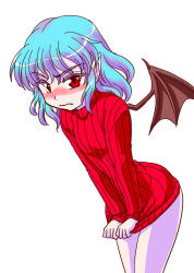 Rule 34 | 1girl, bat wings, blue hair, blush, bottomless, clothes tug, colored eyelashes, cowboy shot, embarrassed, eyelashes, fang, female focus, kisaragi ryou (sougetsu-tei), leaning forward, legs together, looking at viewer, naked sweater, no headwear, no pants, nose blush, pale skin, pointy ears, red eyes, red sweater, remilia scarlet, ribbed sweater, shirt tug, short hair, simple background, slit pupils, solo, standing, sweater, sweater tug, touhou, white background, wings