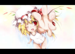 Rule 34 | 1girl, arm up, bad id, bad pixiv id, blonde hair, blush, bow, fang, female focus, flandre scarlet, foreshortening, hat, hat bow, letterboxed, one-piece swimsuit, one eye closed, open mouth, red eyes, school swimsuit, short hair, side ponytail, smile, solo, swimsuit, touhou, white one-piece swimsuit, white school swimsuit, wings, wink, yumesato makura