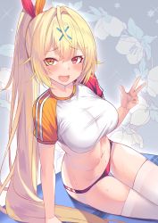 Rule 34 | 1girl, :d, ahoge, alternate costume, arm support, blonde hair, blush, breasts, buruma, commentary request, crop top, fang, floral background, gluteal fold, gradient background, grey background, hair intakes, hair ornament, heterochromia, highres, hoshikawa sara, large breasts, leaning to the side, long hair, looking at viewer, navel, nijisanji, open mouth, orange eyes, ponytail, raglan sleeves, red buruma, red eyes, short sleeves, sitting, smile, solo, sparkle, stomach, sweat, thigh gap, thighhighs, v, very long hair, virtual youtuber, white thighhighs, x hair ornament, yoshiheihe