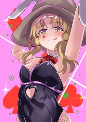 Rule 34 | 154kuro, 1girl, :q, absurdres, alternate costume, animal ears, arms up, black leotard, blonde hair, blush, bow, bowtie, breasts, brown hat, closed mouth, clothing cutout, commentary request, detached collar, fake animal ears, hair between eyes, hair ribbon, hat, heart cutout, highres, leotard, licking lips, looking at viewer, midriff, moriya suwako, naughty face, pink background, playboy bunny, pyonta, rabbit ears, rabbit hole (vocaloid), red bow, red bowtie, red ribbon, ribbon, short hair with long locks, simple background, slit pupils, small breasts, solo, split mouth, teardrop facial mark, tongue, tongue out, touhou, tress ribbon, tsurime, upper body, yellow eyes