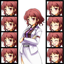 Rule 34 | 1girl, :d, :o, ;), ;d, belt, clearfile, cross, expressions, horikawa raiko, inverted cross, jacket, mitsudomoe (shape), one eye closed, open mouth, plaid, plaid shirt, red eyes, red hair, shirt, short hair, skirt, smile, suit jacket, tomoe (symbol), touhou