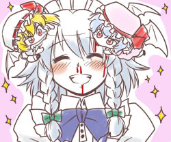 Rule 34 | 3girls, :d, ^ ^, alternate wings, ascot, bat wings, biting, bleeding, blonde hair, blood, blue hair, blush, bow, braid, chibi, closed eyes, commentary request, fang, flandre scarlet, hair ribbon, hat, hat bow, head biting, izayoi sakuya, maid, maid headdress, mini person, minigirl, mob cap, multiple girls, nekomura otako, nosebleed, open mouth, pink background, pointy ears, red eyes, remilia scarlet, ribbon, short hair, side ponytail, silver hair, simple background, smile, sparkle, touhou, tress ribbon, twin braids, upper body, v-shaped eyebrows, wings