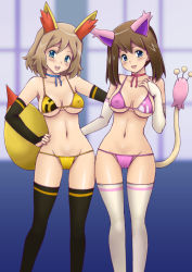 Rule 34 | 2girls, :d, bikini, black thighhighs, blue choker, blue eyes, blush, breasts, brown hair, cameltoe, choker, cleavage, cleft of venus, collarbone, commentary request, cosplay, covered erect nipples, creatures (company), elbow gloves, eyelashes, fennekin, fennekin (cosplay), game freak, gen 3 pokemon, gen 6 pokemon, gloves, hand on own hip, hand up, light brown hair, lookingat viewer, may (pokemon), medium hair, multiple girls, navel, nintendo, open mouth, pink bikini, pokemon, pokemon (anime), pokemon ears, pokemon rse (anime), pokemon tail, pokemon xy (anime), serena (pokemon), skitty, skitty (cosplay), smile, swimsuit, tail, teeth, thighhighs, tongue, tsumitani daisuke, white thighhighs, yellow bikini