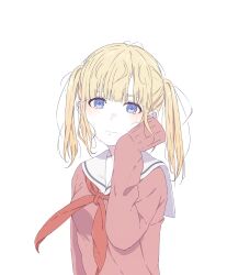 Rule 34 | 1girl, blonde hair, blue eyes, blunt bangs, closed mouth, crying, hand up, highres, long sleeves, looking at viewer, natuich, neckerchief, original, pale skin, red neckerchief, sailor collar, school uniform, serafuku, simple background, sleeves past wrists, solo, sweater, tears, twintails, upper body, white background, white sailor collar