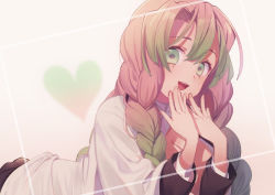 Rule 34 | 1girl, :d, blush, border, braid, breasts, cleavage, fingers to mouth, gradient hair, green eyes, green hair, hamuo, heart, japanese clothes, kanroji mitsuri, kimetsu no yaiba, large breasts, leaning forward, long hair, long sleeves, looking at viewer, mole, mole under eye, multicolored hair, open mouth, pink hair, smile, solo, spread fingers, tri braids