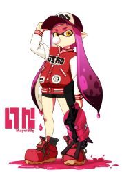 Rule 34 | 1girl, absurdres, baseball cap, bike shorts, boots, bubble, blowing bubbles, chewing gum, hat, highres, inkling, inkling girl, inkling player character, jacket, letterman jacket, long hair, long sleeves, mayoi89g, monster girl, nintendo, pink hair, pointy ears, shoes, simple background, solo, splatoon (series), splatoon 1, tentacle hair, yellow eyes