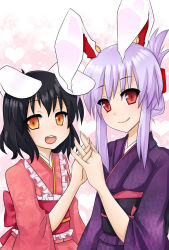 Rule 34 | 2girls, animal ears, black hair, female focus, holding hands, highres, inaba tewi, interlocked fingers, japanese clothes, kimono, multiple girls, own hands together, purple hair, rabbit ears, red eyes, reisen udongein inaba, touhou, yami nabe