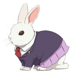 Rule 34 | :&lt;, animal, animal focus, animalization, black eyes, blazer, closed mouth, clothed animal, crescent, crescent pin, full body, ito (itokayu), jacket, long sleeves, necktie, pink skirt, pleated skirt, rabbit, red necktie, reisen udongein inaba, reisen udongein inaba (bunny), school uniform, simple background, skirt, touhou, whiskers, white background, wing collar