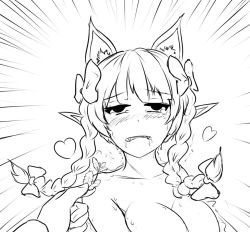 Rule 34 | 1girl, animal ears, bow, braid, breasts, cat ears, cleavage, collarbone, emphasis lines, fangs, flower, greyscale, hair bow, holding, holding flower, jpeg artifacts, kaenbyou rin, large breasts, looking at viewer, miyako yoshika, monochrome, nude, pan-ooh, parted lips, pointy ears, pov, pov hands, saliva, simple background, sketch, solo focus, teeth, touhou, twin braids, white background