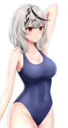 Rule 34 | 1girl, arm behind head, bare shoulders, black hair, blush, braid, breasts, cleavage, closed mouth, collarbone, covered navel, grey hair, groin, highres, hololive, large breasts, looking ahead, medium hair, multicolored hair, one-piece swimsuit, red eyes, sakamata chloe, school swimsuit, simple background, smile, solo, streaked hair, swimsuit, vik (xypt7474), virtual youtuber, white background