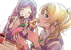 Rule 34 | 2girls, ^ ^, ayase eli, blazer, blonde hair, blue eyes, blush, closed eyes, cup, doughnut, eating, closed eyes, food, food on face, grin, hair ornament, hair scrunchie, highres, jacket, kate iwana, long hair, long sleeves, looking at viewer, love live!, love live! school idol project, mug, multiple girls, otonokizaka school uniform, pink scrunchie, ponytail, purple hair, school uniform, scrunchie, sidelocks, sketch, smile, symbol-only commentary, tojo nozomi, twintails, upper body, v, white background