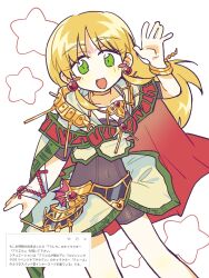 1girl :d aretha ariel_(aretha) armor belt blonde_hair blush_stickers bracelet collarbone cowboy_shot earrings green_eyes hand_up highres jewelry long_hair nm_shirasu open_mouth simple_background smile solo star_(symbol)