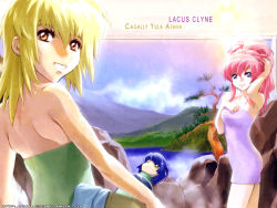 Rule 34 | 00s, 2girls, adjusting hair, alternate hairstyle, arm up, armpits, athrun zala, back, bare shoulders, blonde hair, blue eyes, blue hair, bottle, braid, bucket, cagalli yula athha, character doll, cloud, day, from behind, grass, green eyes, grin, gundam, gundam seed, hair up, hand on own head, hirai hisashi, holding, lacus clyne, long hair, looking at viewer, looking back, mountain, multiple girls, naked towel, nature, official art, official wallpaper, onsen, orange eyes, outdoors, pink hair, ponytail, rock, short hair, sky, smile, standing, steam, towel, tree, upper body, wallpaper, water, watermark, wooden bucket
