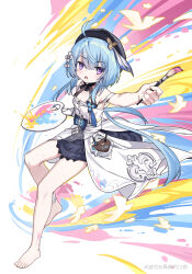 1girl ahoge armpits bare_shoulders barefoot beret blue_hair dress full_body griseo griseo_(starry_impression) hair_ornament hat highres holding holding_brush holding_palette honkai_(series) honkai_impact_3rd long_hair looking_at_viewer open_mouth palette_(object) purple_eyes sleeveless sleeveless_dress solo toes very_long_hair white_background white_dress yu_xiu