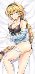 Rule 34 | 1girl, ass, bed sheet, bikini, black bikini, blonde hair, blue eyes, blush, braid, breasts, cleavage, closed mouth, commentary request, fate/grand order, fate (series), fingernails, hairband, hand on own chest, highres, jacket, jeanne d&#039;arc (fate), jeanne d&#039;arc (ruler) (fate), jeanne d&#039;arc (swimsuit archer) (fate), jeanne d&#039;arc (swimsuit archer) (first ascension) (fate), koyuki (kotatsu358), long hair, long sleeves, looking at viewer, lying, medium breasts, off shoulder, on side, shiny skin, single braid, smile, sweat, sweatdrop, swimsuit, thigh strap, thighs, very long hair