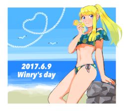 Rule 34 | 1girl, 2017, animal, arm support, bare arms, bare legs, bare shoulders, beach, bikini, bikini top only, bird, blonde hair, blue bikini, blue eyes, blue nails, blue sky, character name, cup, dated, day, drinking straw, earrings, english text, eyelashes, feet out of frame, fingernails, floating hair, food, food print, frilled bikini, frilled bikini top, frills, fruit, fullmetal alchemist, glass, holding, holding cup, jewelry, lemon, lemon print, lemon slice, lemonade, long hair, looking away, nail polish, navel, outdoors, ozaki (tsukiko3), ponytail, rock, seagull, shore, sky, smile, solo, standing, standing on one leg, stomach, swimsuit, text focus, winry rockbell