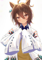 Rule 34 | 1girl, absurdres, agnes tachyon (umamusume), ahoge, animal ears, blue collar, blush, brown hair, coat, collar, commentary, ear piercing, highres, horse ears, lab coat, looking at viewer, mikami hotaka, open clothes, open coat, piercing, red eyes, shirt, short hair, simple background, sleeves past wrists, smile, solo, umamusume, upper body, vial, white background, white coat, yellow shirt