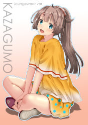 Rule 34 | 1girl, absurdres, baggy clothes, blue eyes, brown hair, casual, character name, crossed legs, gradient background, gradient clothes, highres, himura moritaka, kantai collection, kazagumo (kancolle), long hair, open mouth, polka dot, polka dot shorts, ponytail, red footwear, shirt, shorts, sitting, slippers, smile, solo, yellow shirt