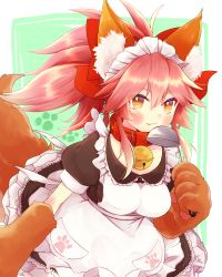 Rule 34 | 10s, 1girl, animal ears, animal hands, apron, bell, blush, breasts, cat paws, closed mouth, collar, collarbone, dousho., fangs, fate/extra, fate/grand order, fate (series), fox ears, fox tail, gloves, hair ribbon, highres, jingle bell, large breasts, long hair, looking at viewer, maid headdress, neck bell, paw gloves, pink hair, ponytail, red ribbon, ribbon, solo, tail, tamamo (fate), tamamo cat (fate), tamamo cat (second ascension) (fate), yellow eyes