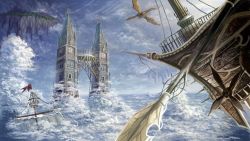 Rule 34 | absurdres, aircraft, airship, building, cloud, crow&#039;s nest, day, dragon, fantasy, flag, floating island, highres, huge filesize, mast, no humans, oar, original, outdoors, regu (7lava), sail, scenery, ship, tower, watercraft