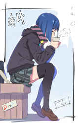 Rule 34 | 1girl, alternate costume, badge, bag, bench, black hoodie, black scarf, black thighhighs, blue hair, bob cut, border, brown footwear, button badge, chinese commentary, closed eyes, coffee, commentary, cup, darling in the franxx, dated, disposable cup, drinking, green skirt, holding, holding cup, hood, hood down, hoodie, ichigo (darling in the franxx), loafers, outside border, plaid, plaid skirt, pleated skirt, profile, purple scarf, scarf, school bag, shadow, shoes, short hair, sitting, skirt, solo, steam, striped clothes, striped scarf, thighhighs, werkbau, zettai ryouiki