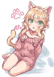 Rule 34 | 1girl, :o, animal ear fluff, animal ears, bare legs, barefoot, blonde hair, blush, cat ears, cat tail, collarbone, commentary request, green eyes, hair between eyes, hands up, highres, idolmaster, idolmaster cinderella girls, long sleeves, looking at viewer, medium hair, paopao, paw pose, paw print, pink sweater, sakurai momoka, sidelocks, sitting, solo, strapless, sweater, tail, thighs, wavy hair, white background