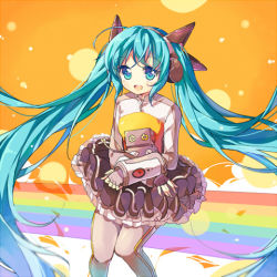 Rule 34 | 1girl, aqua eyes, aqua hair, bad id, bad pixiv id, hatsune miku, headphones, long hair, lowres, odds &amp; ends (vocaloid), open mouth, pantyhose, pf, project diva (series), project diva f, rainbow, robot, skirt, solo, twintails, very long hair, vocaloid