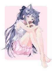 Rule 34 | 1girl, absurdres, animal ear fluff, animal ears, bare legs, barefoot, black bow, black hair, blue eyes, blush, bow, box, bug, butterfly, butterfly hair ornament, cat ears, commentary, commission, english commentary, hair bow, hair ornament, hand on own knee, hands up, happy, highres, holding, holding box, insect, long hair, looking at viewer, nabi (uz02), original, pink background, pink shorts, pixiv commission, ponytail, shirt, shorts, sidelocks, sitting, sleeveless, sleeveless shirt, solo, twintails, two-tone background, white background, white shirt