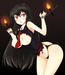 Rule 34 | 10s, 1girl, akame (akame ga kill!), akame ga kill!, ass, bare legs, bare shoulders, black hair, black panties, blush, breasts, chain, cuffs, eruthika, fire, handcuffs, highres, huge ass, large breasts, long hair, looking at viewer, necktie, nipples, open mouth, panties, prisoner, red eyes, restrained, room, shackles, solo, torch, torn clothes, underwear