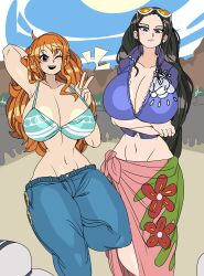 Rule 34 | 2girls, absurdres, baseball cap, black hair, breasts, captain kirb, cleavage, hat, highres, huge breasts, looking at viewer, multiple girls, multiple others, nami (one piece), nico robin, one eye closed, one piece, orange hair, outdoors, sunglasses, sunglasses on head, wink
