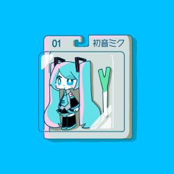 Rule 34 | arms at sides, black footwear, black skirt, black sleeves, blue background, blue eyes, blue hair, blue necktie, boots, character name, closed mouth, commentary, detached sleeves, dot mouth, figure, grey shirt, hair ornament, hatsune miku, highres, necktie, package, pleated skirt, shirt, simple background, skirt, sleeveless, sleeveless shirt, spring onion, thigh boots, twintails, vocaloid