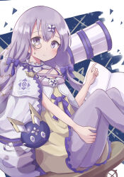 Rule 34 | 1girl, arcaea, blush, book, bow, closed mouth, colon br, dress, feet out of frame, frilled dress, frills, from side, hair between eyes, hair bow, highres, knees up, lagrange (arcaea), legs together, long hair, looking at viewer, monocle, open book, pantyhose, purple bow, purple eyes, purple hair, purple pantyhose, raised eyebrows, shawl, sitting, sleeveless, sleeveless dress, solo, straight hair, telescope, white shawl, yellow dress