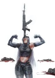 Rule 34 | 1girl, 3others, ak-15, ak-15 (girls&#039; frontline), assault rifle, blood, corpse, cowboy shot, double biceps pose, flexing, girls&#039; frontline, grey hair, gun, highres, kalashnikov rifle, long hair, midriff, multiple others, muscular, muscular female, navel, photo-referenced, pool of blood, rifle, russian commentary, simple background, traditional media, umariellum, weapon, weapon in mouth, white background