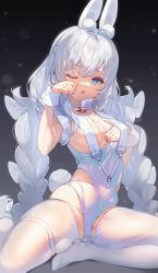 Rule 34 | 1girl, ;o, animal ears, anywhere knock, azur lane, blue eyes, braid, breast curtains, breasts, fake animal ears, hairband, highres, le malin (azur lane), le malin (listless lapin) (azur lane), leotard, long hair, no shoes, official alternate costume, one eye closed, pantyhose, playboy bunny, rabbit ears, rabbit tail, small breasts, solo, tail, twin braids, very long hair, white hair, white hairband, white leotard, white pantyhose, wrist cuffs