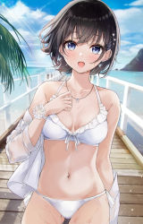 Rule 34 | 1girl, :d, absurdres, bare shoulders, bikini, black hair, blue eyes, bracelet, breasts, collarbone, cowboy shot, frilled bikini, frills, hair ornament, hairclip, halterneck, hand up, highres, jacket, jewelry, lebring, looking at viewer, medium breasts, navel, necklace, off shoulder, open clothes, open jacket, open mouth, original, short hair, side-tie bikini bottom, smile, solo, standing, stomach, string bikini, swimsuit, wet, white bikini, white jacket