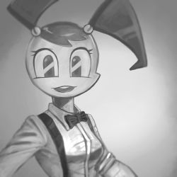 Rule 34 | 1girl, album cover redraw, android, black necktie, bow, bowtie, collared shirt, cosplay, derivative work, grey background, greyscale, jenny wakeman, joints, lonlon blitz, looking at viewer, monochrome, my life as a teenage robot, necktie, open mouth, portrait, robot, robot joints, shirt, smile, solo, suspenders, sweetest music, takeuchi mariya, takeuchi mariya (cosplay), teeth, twintails, upper body, upper teeth only, white shirt