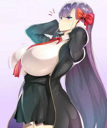 Rule 34 | 10s, 1girl, absurdres, arms behind head, bb (fate), bb (fate/extra), black coat, breasts, coat, collared shirt, commentary request, covered erect nipples, cowboy shot, fate/extra, fate/extra ccc, fate (series), from side, gloves, hair ribbon, high-waist skirt, highres, huge breasts, kedamono kangoku-tou, lace, lace-trimmed legwear, lace trim, long hair, motion lines, neck ribbon, panties, purple eyes, purple hair, red ribbon, ribbon, shirt, skirt, sweatdrop, thighhighs, underwear, very long hair, white gloves, white panties, white shirt