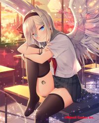 Rule 34 | 1girl, angel wings, black skirt, black thighhighs, blue eyes, blush, bracelet, classroom, closed mouth, company name, cross hair ornament, desk, evening, falkyrie no monshou, hair ornament, hairband, indoors, jewelry, leg up, looking at viewer, natsumekinoko, neckerchief, official art, red neckerchief, sailor collar, sitting, skirt, solo, thighhighs, uniform, white hair, wings