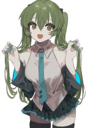 Rule 34 | 1girl, absurdres, aqua necktie, black skirt, black thighhighs, blue nails, blush, breasts, bunching hair, commentary request, detached sleeves, green eyes, green hair, grey shirt, hair between eyes, hair ornament, hatsune miku, highres, holding, holding own hair, long hair, looking at viewer, medium breasts, nail polish, necktie, open mouth, shirt, simple background, skirt, sleeveless, sleeveless shirt, solo, tachibana wataru (123tsuki), thighhighs, twintails, vocaloid, white background