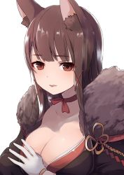 Rule 34 | 1girl, absurdres, akagi (azur lane), akagi (plum and snow) (azur lane), animal ears, azur lane, breasts, brown eyes, brown hair, choker, cleavage, collarbone, commentary, dyson (edaokunnsaikouya), fox ears, fur trim, gloves, hair ornament, hand on own chest, highres, large breasts, light smile, long hair, looking at viewer, parted lips, ribbon choker, simple background, solo, upper body, white background, white gloves, x hair ornament