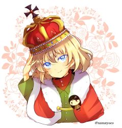 Rule 34 | 1girl, blonde hair, blue eyes, blush, capelet, character doll, closed mouth, commentary, cropped torso, crown, fang, fang out, floral background, flower, fur-trimmed capelet, fur trim, girls und panzer, green jacket, hand on headwear, head tilt, highres, ivy, jacket, katyusha (girls und panzer), light blush, long sleeves, looking at viewer, namatyoco, nonna (girls und panzer), pravda school uniform, red capelet, red shirt, rose, school uniform, shirt, short hair, smile, solo, turtleneck, twitter username