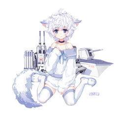 Rule 34 | 1girl, :3, ahoge, animal ear fluff, animal ears, animal slippers, azur lane, bare shoulders, black choker, blue eyes, blue ribbon, blush, cannon, choker, closed mouth, collarbone, curly hair, grey sailor collar, hair between eyes, hand up, highres, long sleeves, looking at viewer, machinery, neck ribbon, off-shoulder shirt, off shoulder, ribbon, sailor collar, shibanme tekikumo, shirt, simple background, sitting, skirt, sleeves past wrists, slippers, solo, tail, thighhighs, torpedo, turret, wariza, white background, white footwear, white hair, white shirt, white skirt, white thighhighs