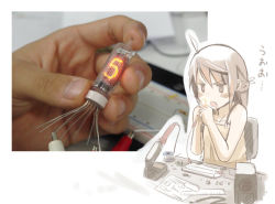 Rule 34 | 1girl, ahoge, bare shoulders, blush, drooling, long hair, nabana, nixie tube, original, photo inset, reference photo, ruler, screwdriver, simple background, soldering iron, solo, translated, white background