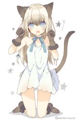 Rule 34 | 1girl, animal ears, blonde hair, blue eyes, blush, braid, breasts, brown gloves, cat ears, cat girl, cat tail, dress, fang, fur-trimmed gloves, fur trim, gloves, hair between eyes, kneeling, long hair, looking at viewer, mishima kurone, open mouth, original, paw pose, simple background, small breasts, smile, solo, star (symbol), starry background, tail, twitter username, white background, white dress