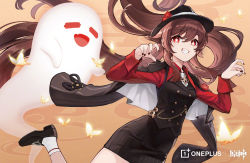 Rule 34 | 1girl, artist request, black footwear, black headwear, black jacket, black nails, black skirt, black vest, breasts, brown hair, bug, butterfly, fedora, flower, flower-shaped pupils, genshin impact, ghost, grin, hair between eyes, hat, hat flower, highres, hu tao (genshin impact), hu tao (oneplus) (genshin impact), insect, jacket, jacket on shoulders, logo, long hair, long sleeves, looking at viewer, low twintails, nail polish, official alternate costume, official art, red eyes, red flower, red shirt, shirt, sidelocks, simple background, skirt, small breasts, smile, socks, symbol-shaped pupils, twintails, very long hair, vest, white socks