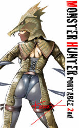 Rule 34 | 1girl, armband, armor, ass, back, capcom, capelet, claws, corset, fangs, fantasy, from behind, genprey, genprey (armor), helmet, kenzy, looking back, mask, monster hunter, monster hunter (series), monster hunter portable 2nd, outstretched arms, scales, shiny clothes, signature, simple background, skin tight, slit pupils, solo, spread arms, spread legs, standing, strap, thigh strap